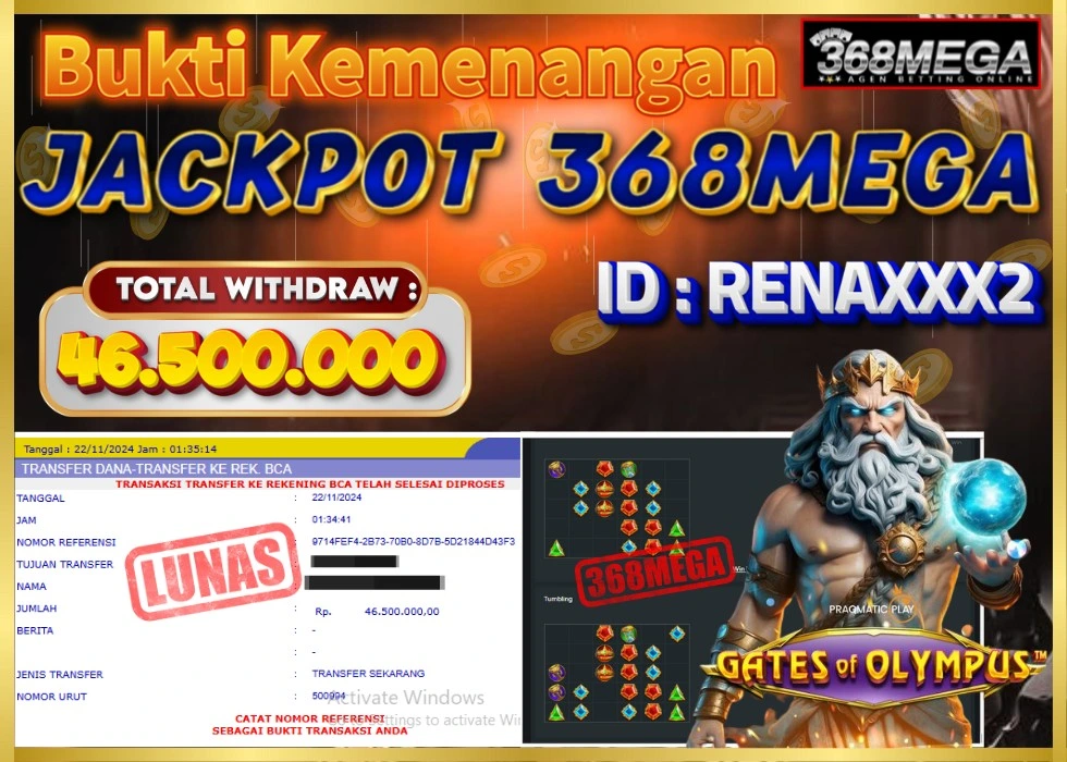 368MEGA JACKPOT SLOT GATES OF OLYMPUS Rp 46.500.000 - LUNAS!!!
