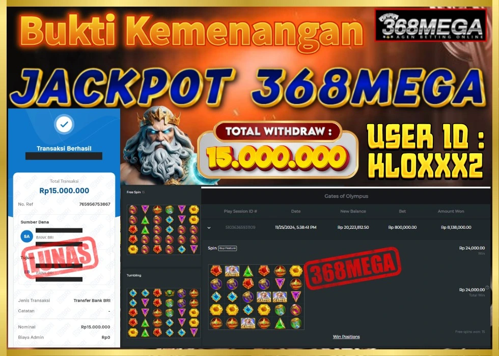 368MEGA JACKPOT SLOT GATES OF OLYMPUS Rp 15.000.000 - LUNAS!!!